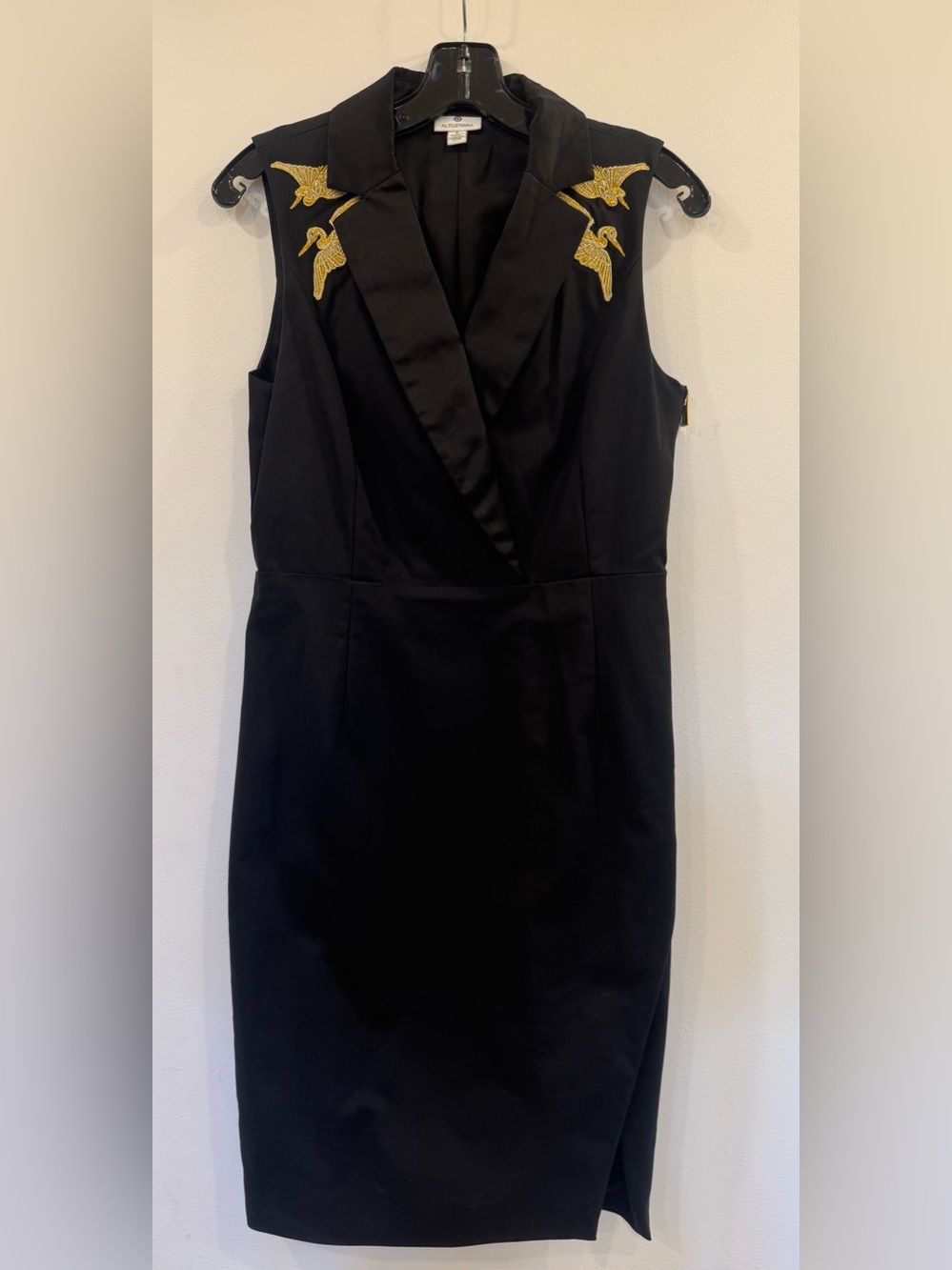 ALTUZARRA x Target Collared Black Pencil Dress, Gold Cranes, Size 8
